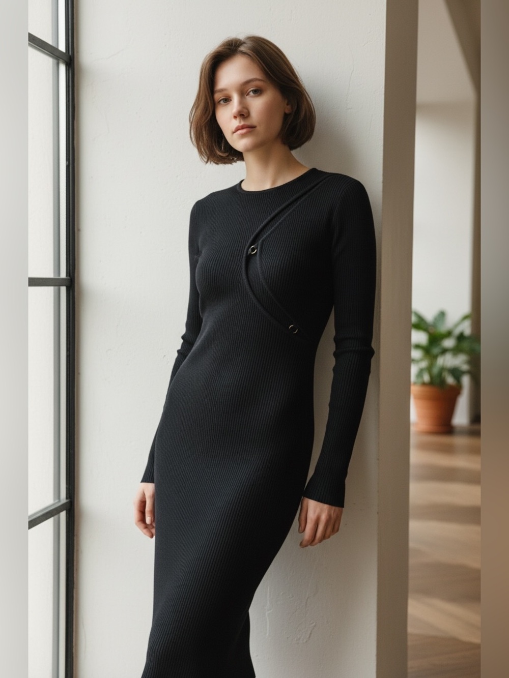 Hera Collection Black Ribbed Long Sleeve Dress with Cutout Ring Detail